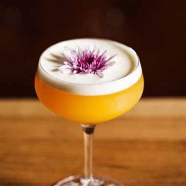 Cocktail in a coupe glass with a floral garnish.