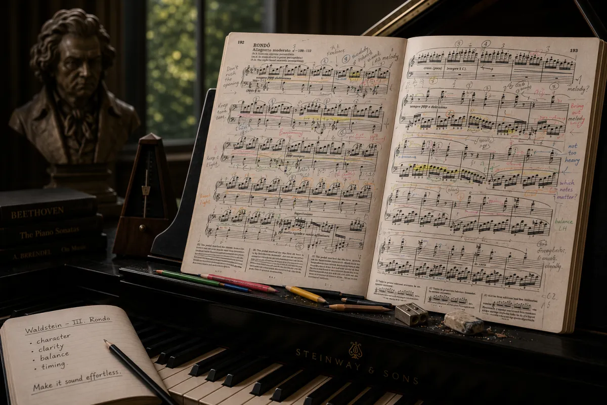 Heavily annotated sheet music for Beethoven’s Waldstein Sonata Op. 53, III. Rondo on a grand piano, with pencils, highlighters, eraser, sharpener and practice notes, illustrating a pianist’s four-year journey towards a polished performance.