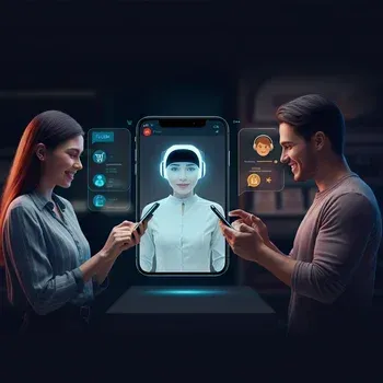 Customer satisfaction with AI in retail, visualized through vibrant chat interfaces, helpful icons, and seamless human escalation, symbolizing trust and efficiency.