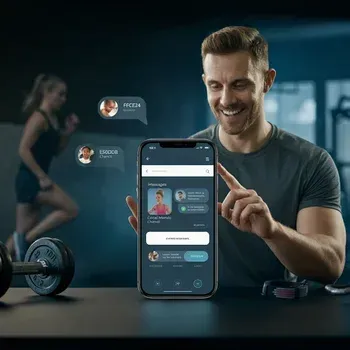 Unified communication dashboard for gym owners, showcasing Conversational AI streamlining texts, social media, and live chat with vibrant, fitness-themed visuals.