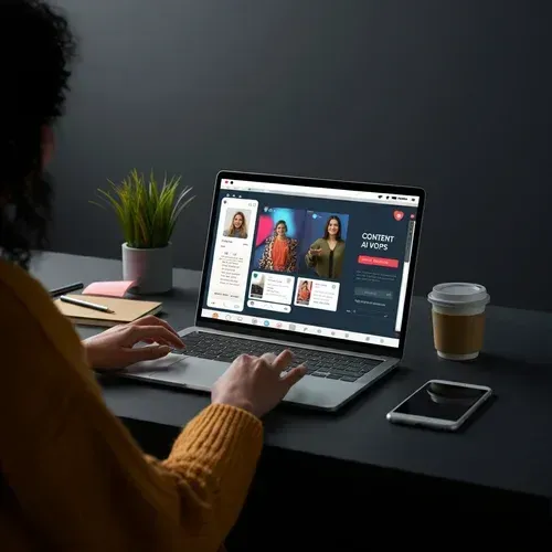 Photorealistic workspace with laptop displaying social media post being created, showcasing how Content AI adapts to your brand’s personality, with vibrant color accents and a professional environment.