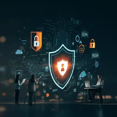 A representation of secure data protection with a glowing shield icon, compliance badges for GDPR and CCPA, and encrypted code on a dark gradient background.