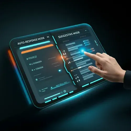 An image illustrating control in AI response systems with dual modes: Auto-Response and Suggestive Mode, highlighted by glowing accents on a dark gradient background.