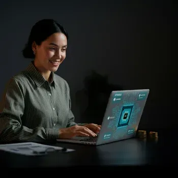 Small business owner using affordable Reviews AI on a laptop, symbolizing scalable and impactful customer engagement solutions.