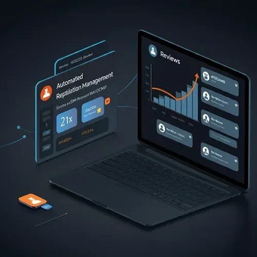 Image of a digital dashboard showcasing AI-powered reputation management with automated review collection via email, SMS, and social platforms, set against a dark gradient background with vibrant highlights in orange, blue, pink, and yellow.