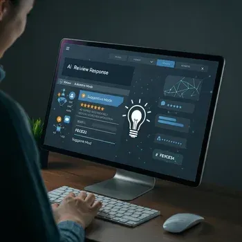 Image of a dashboard showing AI-powered review response features, including tailored suggestions, automation by star ratings, and customizable rules, set against a dark gradient background with vibrant orange, blue, pink, and yellow accents.