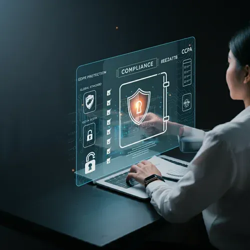A secure interface symbolizing encrypted customer data and compliance with global privacy standards, set against a dark gradient background with vibrant orange, blue, pink, and yellow highlights.