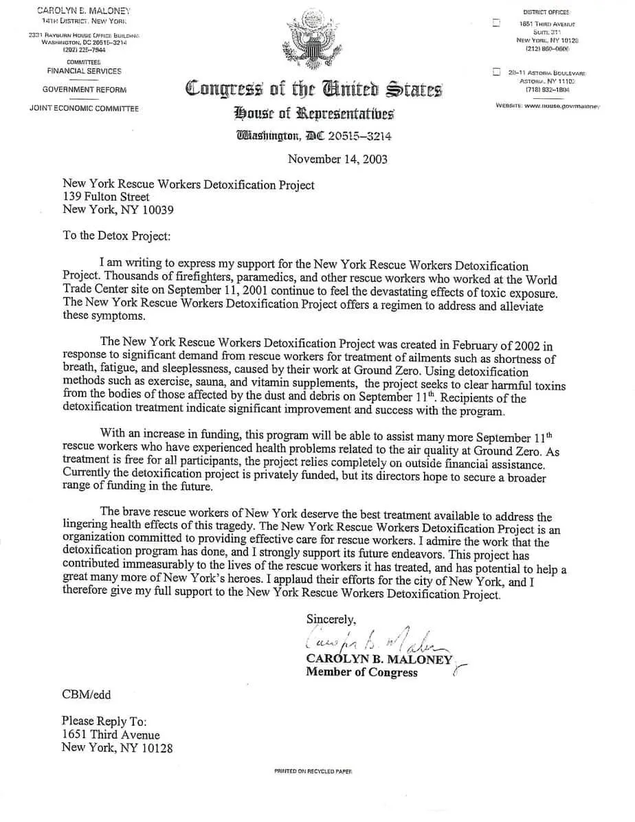 Congresswoman Carolyn B. Maloney detoxification program endorsement