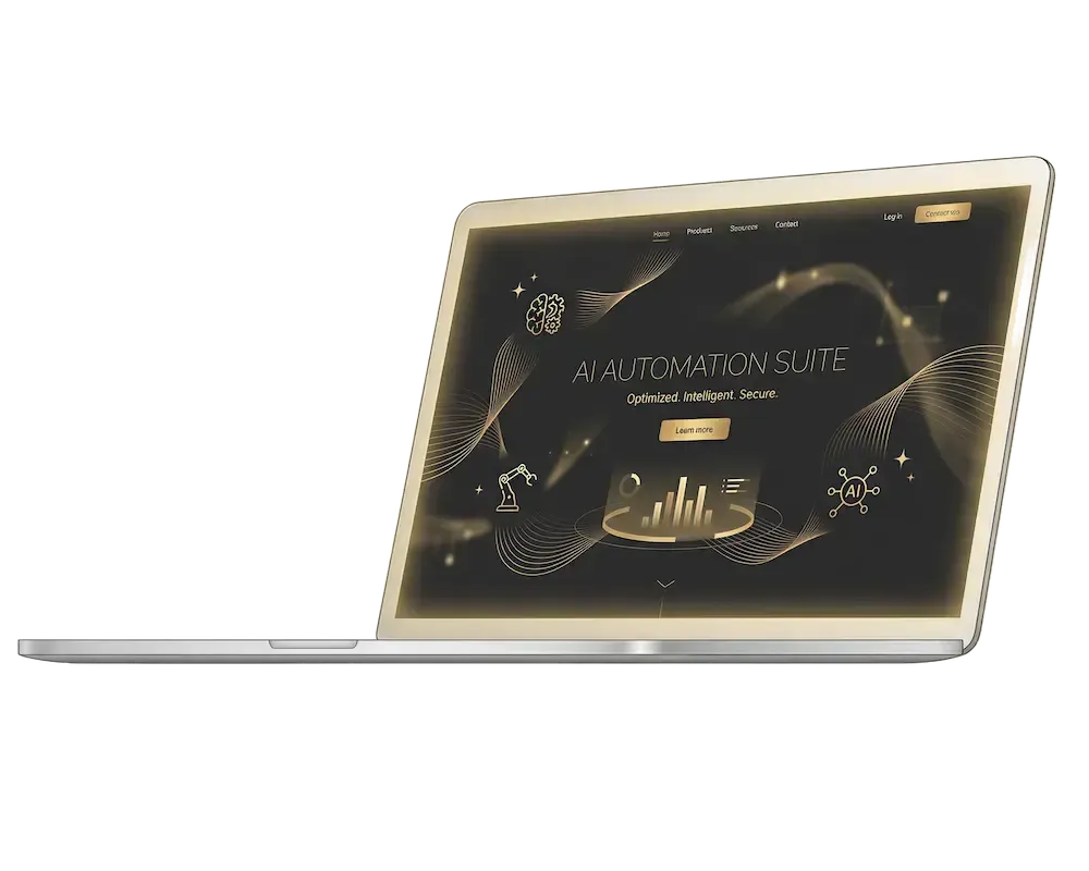 Modern, stylish laptop with a hero image and text that says "AI Automation Suite"