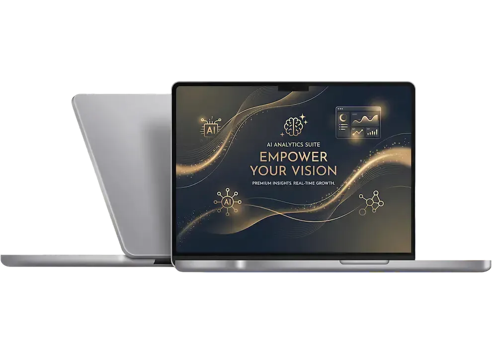 Two back-to-back laptops, with the front one showing "Empower your vision", with AI imagery spread out around it
