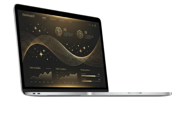 A grey laptop facing right with an AI dashboard on