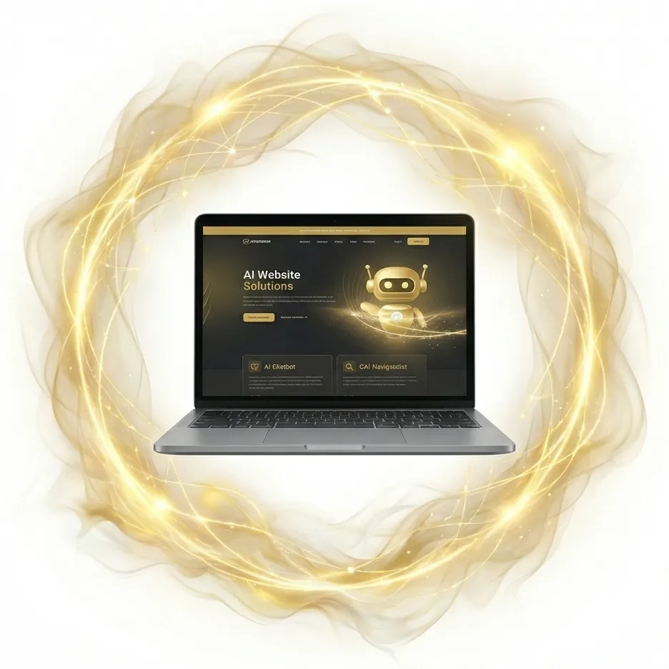 A laptop with a website that say's "AI Website Solutions" on, surrounded by a gradient gold ring that looks like electricity