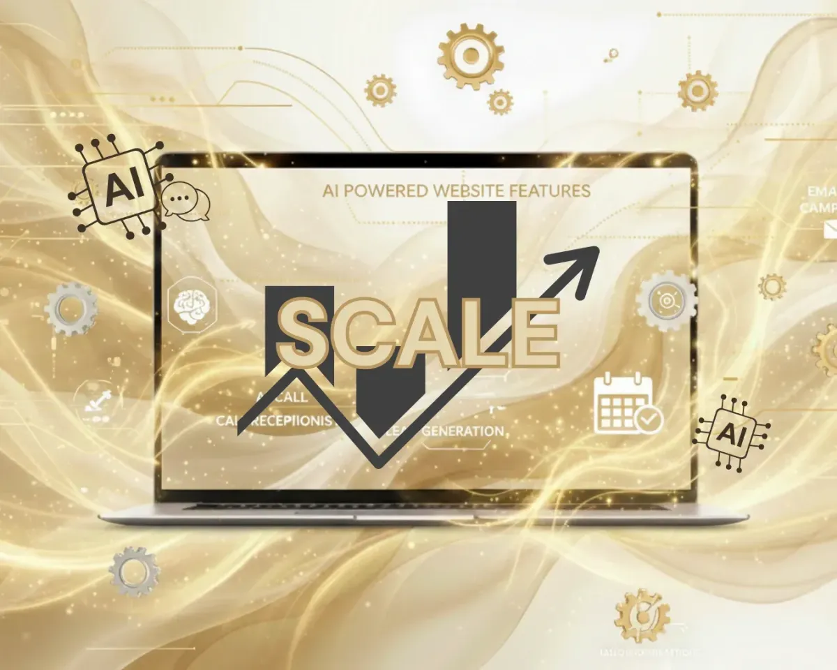 A laptop image that has the word SCALE written on, surrounded by golden waves, cogs and AI circuit chips