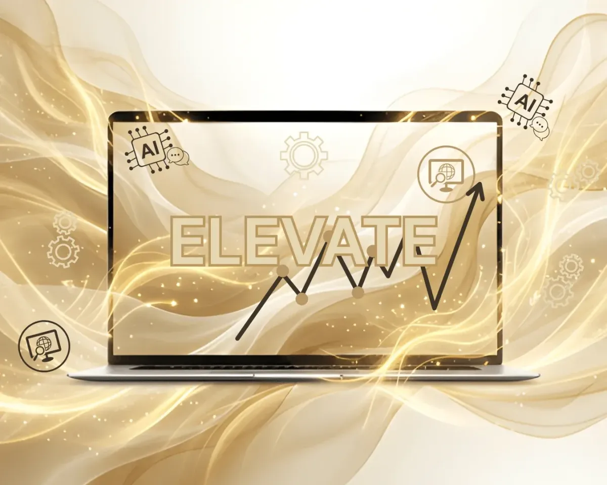 A laptop with the word ELEVATE written on it, surrounded by a gold pattern of waves