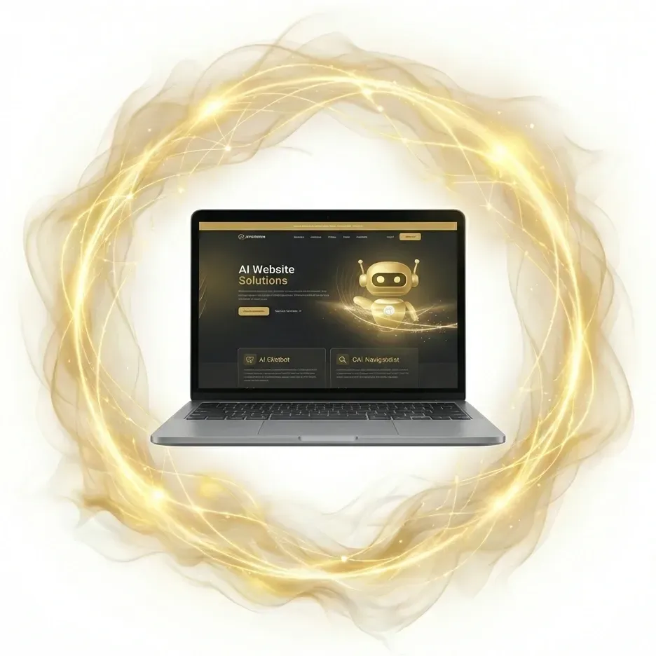 An open laptop with an AI Solutions webpage on, and a olden ring flowing around the image ike electricity