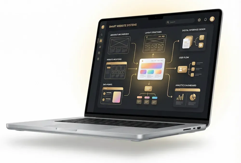 An open laptop facing left depicting a smart website system