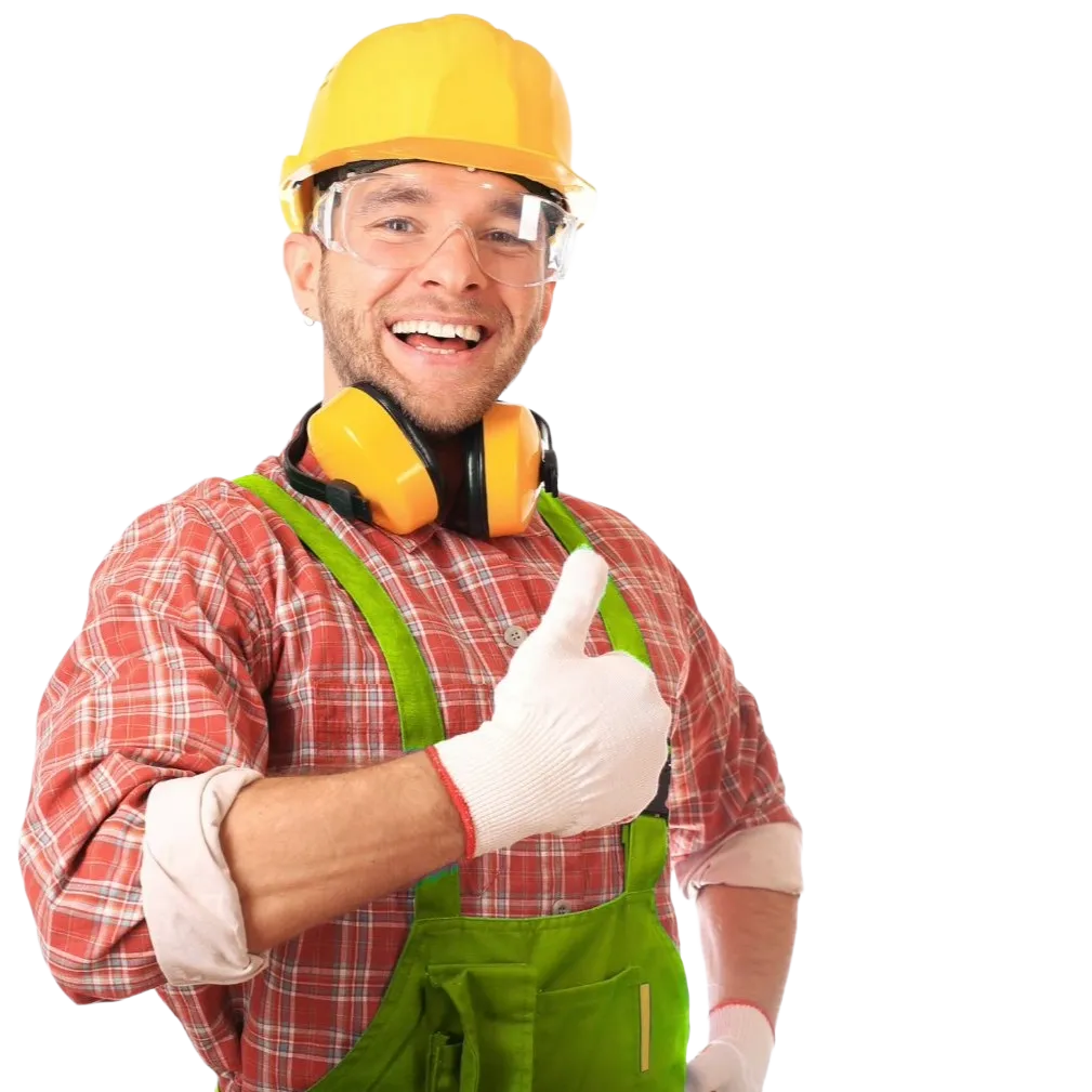 Tradesman in a hard hat and work clothes, smiling, with his thumb up