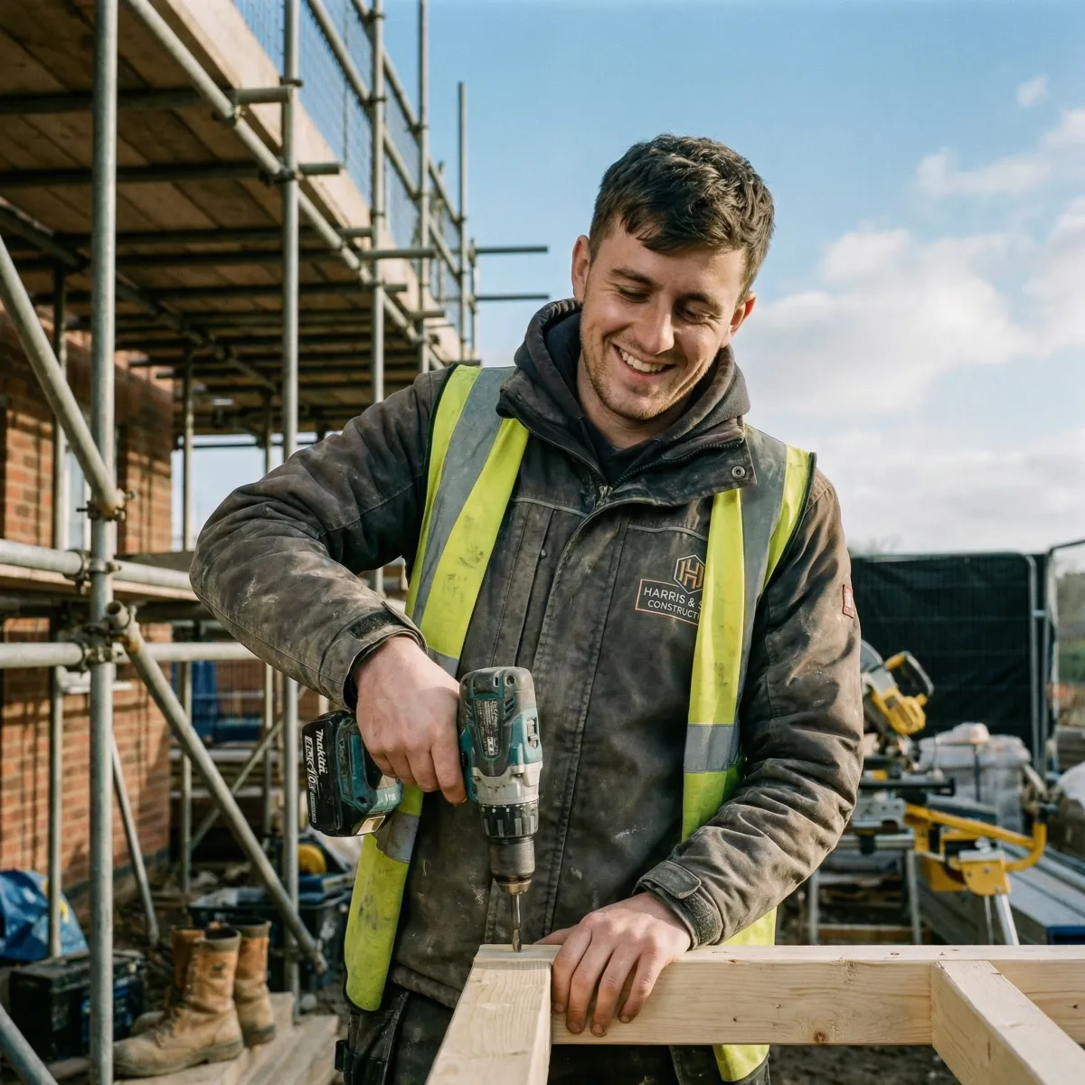 Tradesmen drilling into wood, with a smile on his face