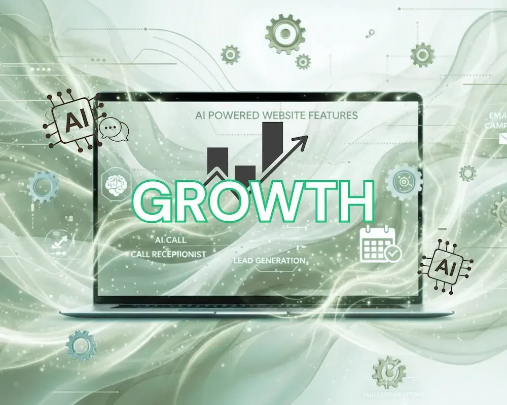 A laptop with the word GROWTH written on it, surrounded by a white, grey and light green pattern. Also, has AI chip icons and cog wheels