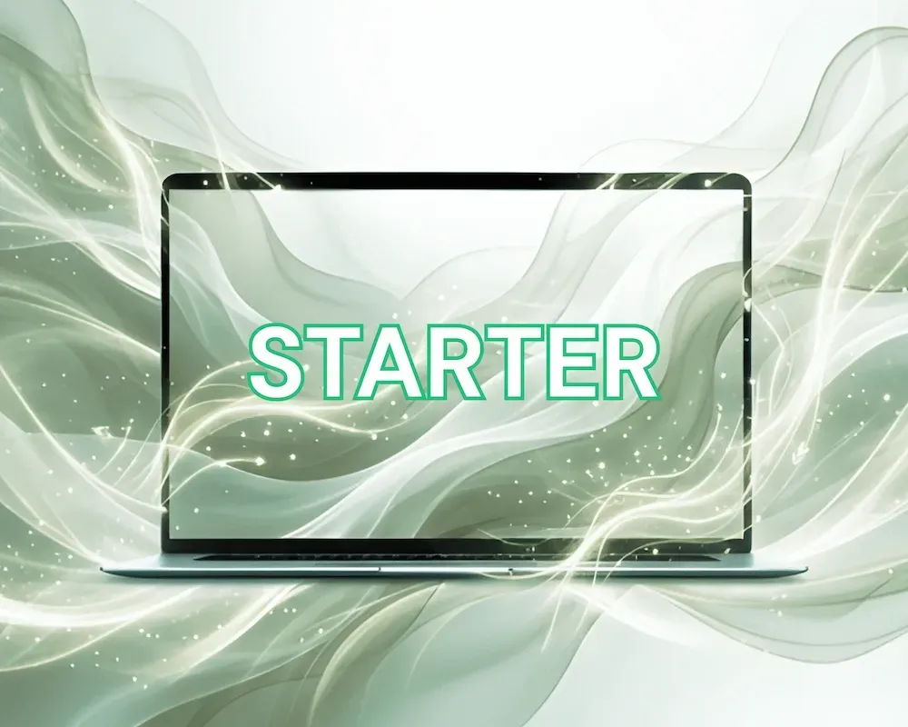 A laptop image that has the word STARTER written on, surrounded by white, grey and light green waves