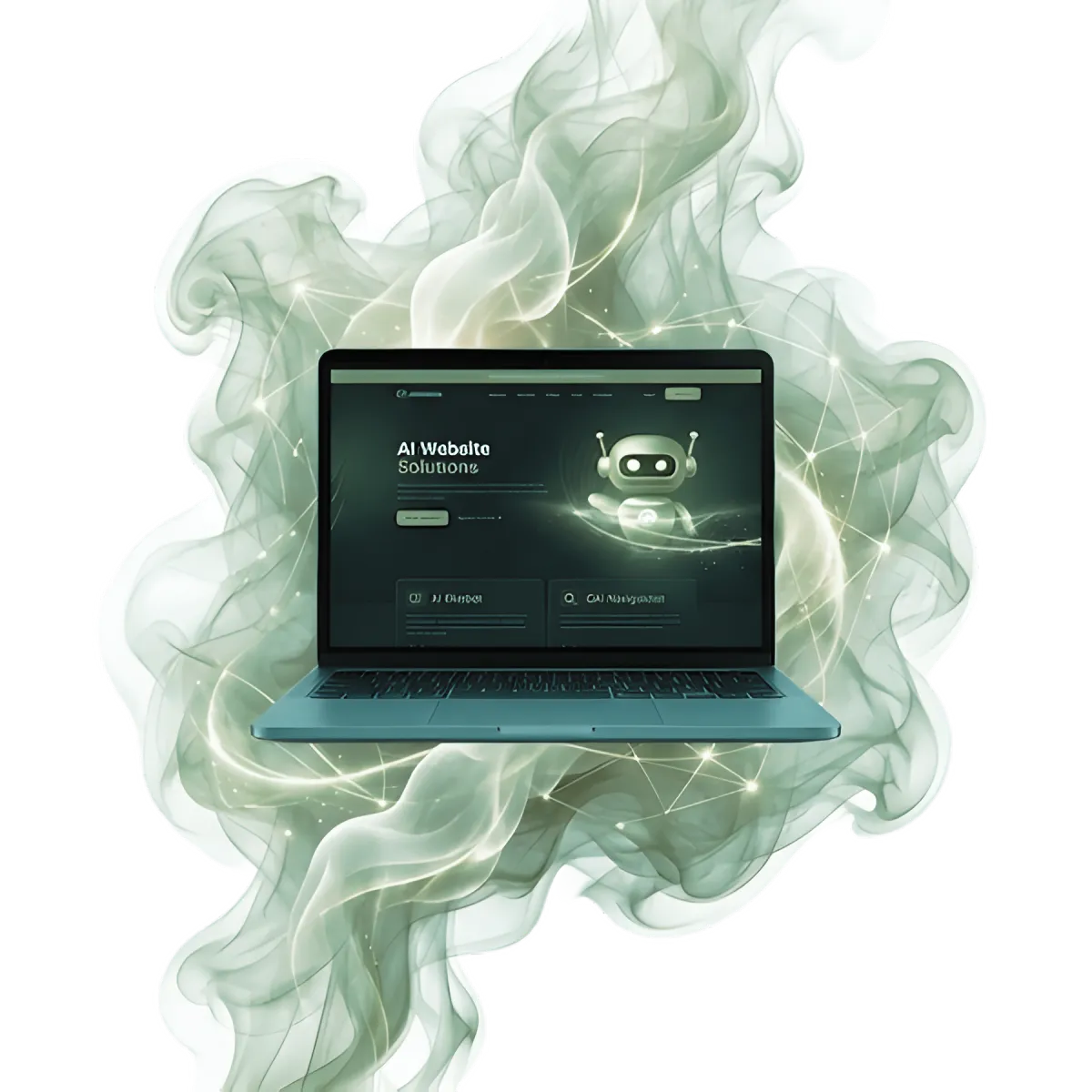 An open laptop with an AI Solutions webpage on, in front of white and grey smoke