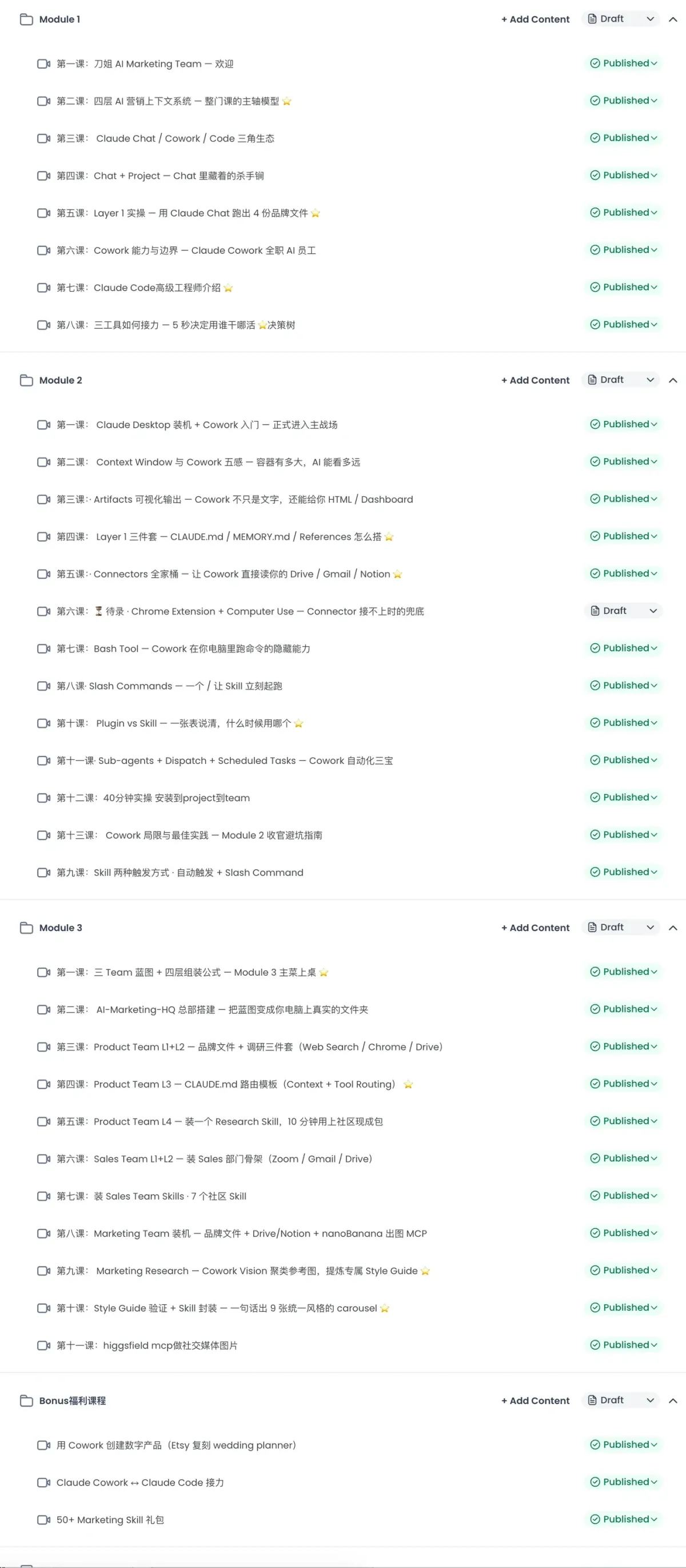课程后台真实截图 · 36 节全部 Published