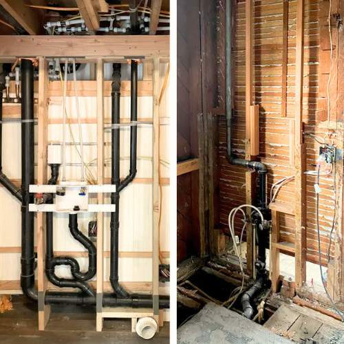 Before and after pictures of remodeled bathroom plumbing in a Spring Hill, KS home.
