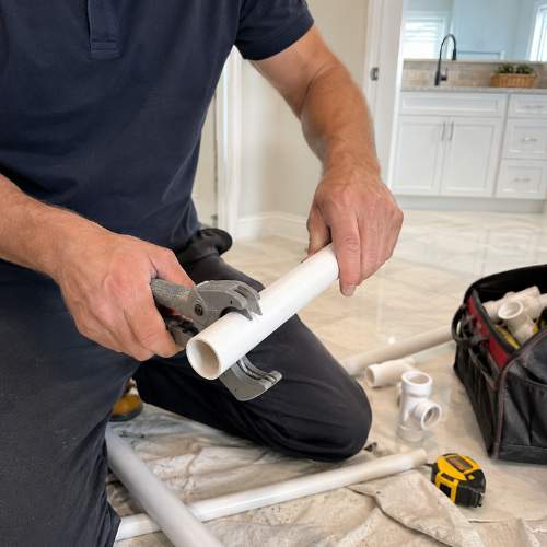 plumber from Beemer Plumbing measures PVC pipe for trimming in a house in Spring Hill, KS