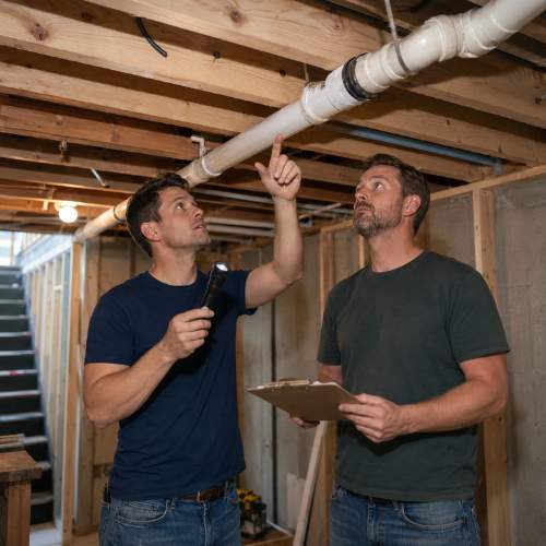 two plumbers wearing jeans and different shirts are examining a pipe from below that's running underneath a groundfloor room. in a house in Spring Hill, KS