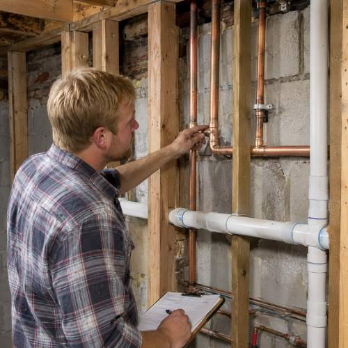 plumber wearing plaid long sleeve shirt with blond hair is examining pipes in a wall in a basement in spring hill, ks in preparation for a full house repipe.