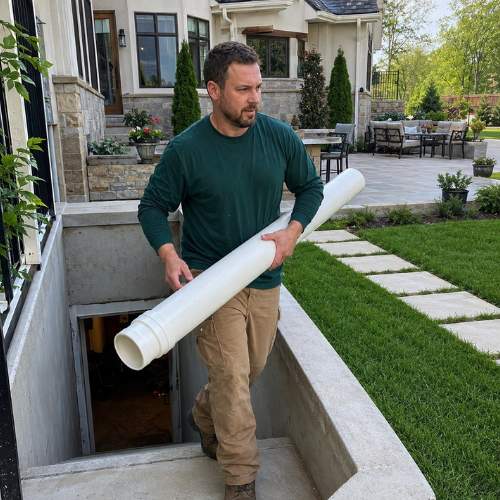 a plumber wearing tan work pants and dark green long sleeve t shirt is carrying a large PVC drain pipe out of a basement into the backyard of a high end home in spring hill, KS.