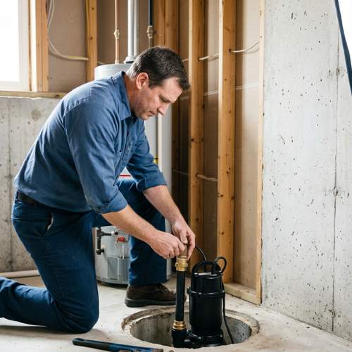 a plumber in standard work pants and a shirt, unbranded, installing a new sump pump in the corder of an unfinished basement in a spring hill, ks, basement