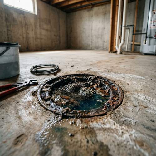 closeup image of a clogged basement drain in an unfinished basement in a spring hill, ks.
