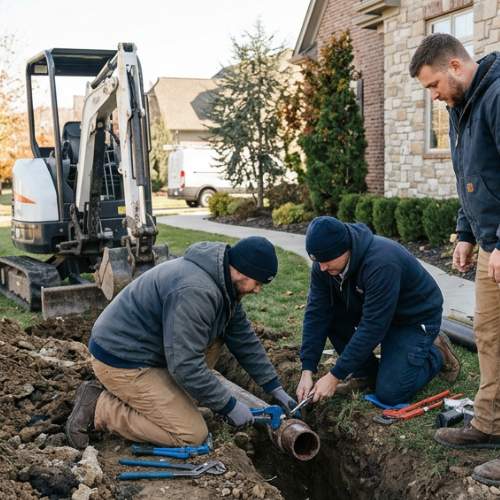 several plumbers wearing clothes appropriate for late fall weather are in a front yard of a high end home in olathe, ks repairing a sewer line.
