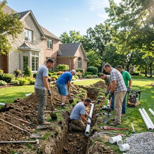group of plumbers installing a replacement sewer line in spring hill, ks