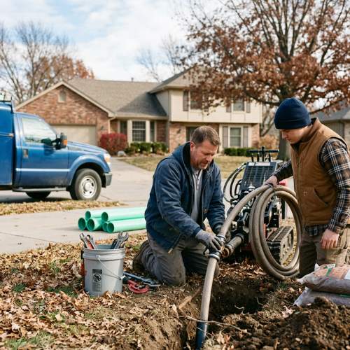 two plumbers feed new sewer pipe into a hole during a trenchless sewer line replacement in spring hill, ks