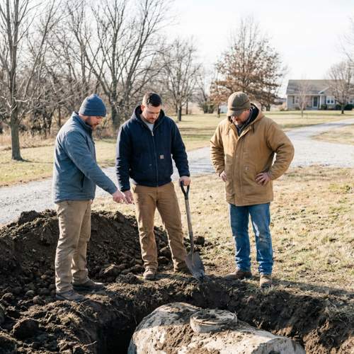 Three plumbers inspect a septic tank prior to repair in spring hill, ks