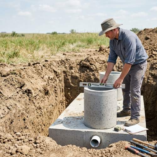 plumber does a final leveling check on a new septic tank prior to installation in spring hill, ks