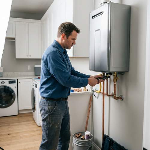 A plumber installs a tankless hot water heater in a spring hill, ks home