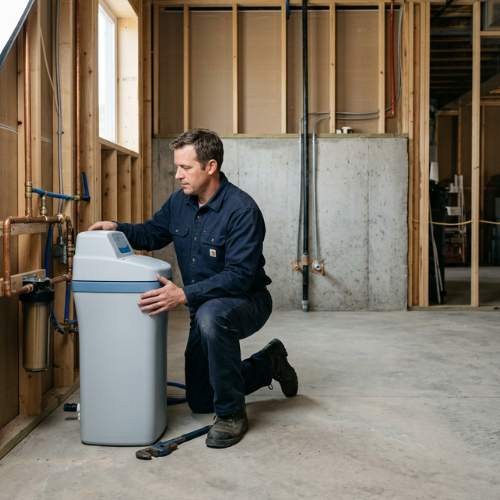 A plumber installs a water softener system in an unfinished basement in a spring hill, ks home