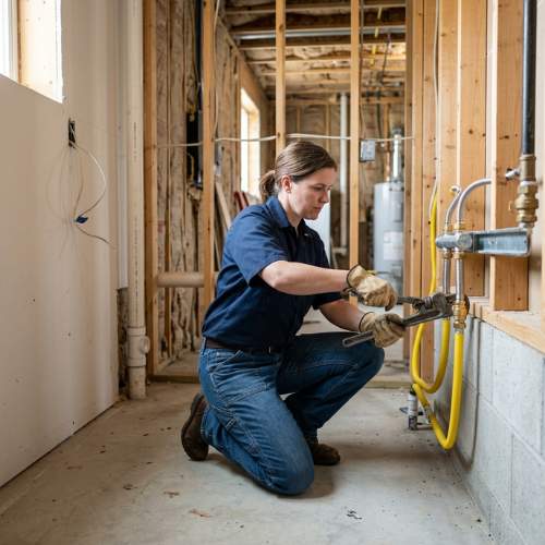 a female beemer plumbing, LLC employee install a new gas line in a Spring Hill, KS home