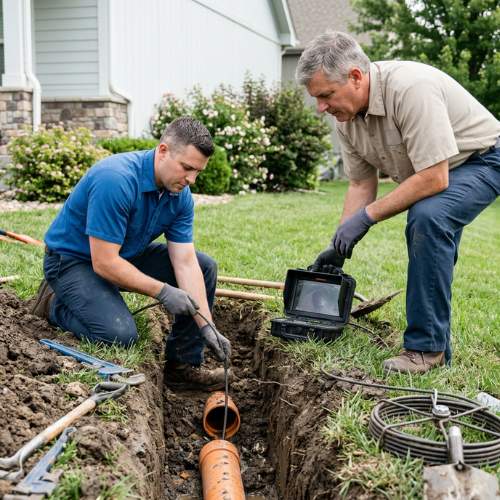 two plumbers examine a broken residential sewer line in spring hill, ks