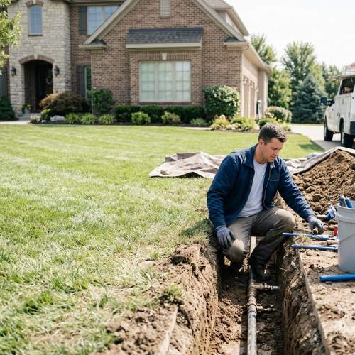 a plumber working for beemer plumbing llc, does a final inspection on a water line repair in spring hill, ks