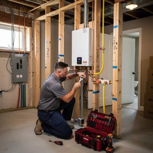 a plumber from Beemer Plumbing LLC installs a tankless hot water heater in a basement in Overland Park, KS
