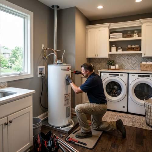 a new hot water heater with tank is installed in a finished laundry room in spring hill, ks