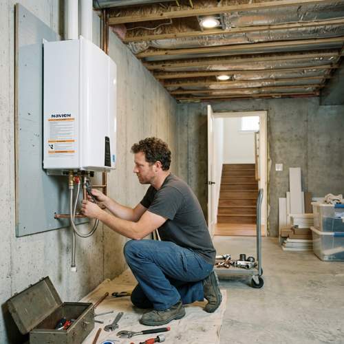 a plumber installs a tankless hot water heater after removing a tanked hot water heater in spring hill, ks