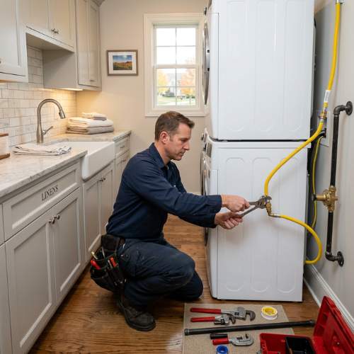 A plumber working for Beemer Plumbing installs a new gasline to a gas dryer in a laundry room in spring hill, ks
