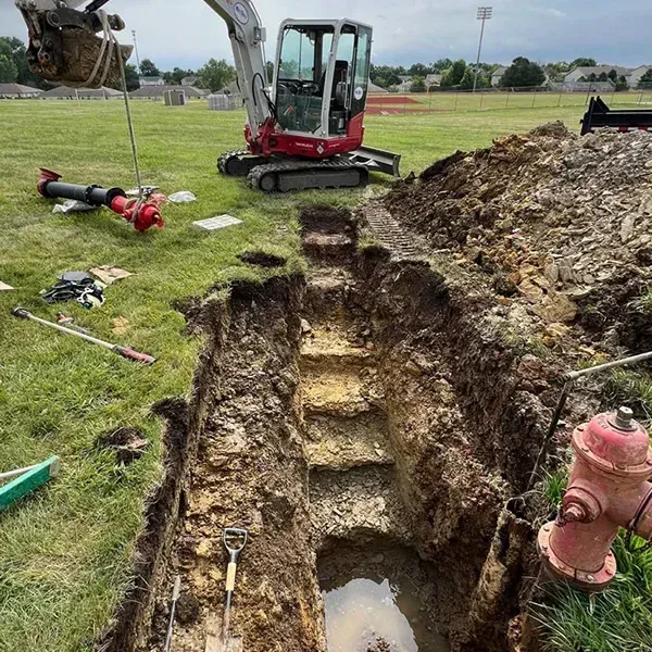 A plumber from Beemer Plumbing works on an underground sewer line replacement in the front yard of a home in Spring Hill, Kansas. The Beemer Plumbing service truck is parked on the street next to a trench where the plumber is excavating and installing new sewer pipes on a sunny day. This photo showcases the high-quality residential plumbing services Beemer Plumbing provides to homeowners in Spring Hill, KS and surrounding areas.