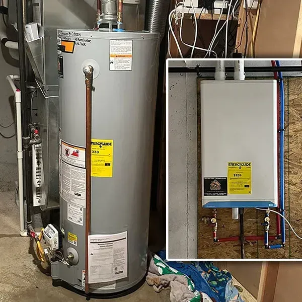 A plumber from Beemer Plumbing is installing a new tankless hot water heater in a laundry room in Spring Hill, KS. The image shows the technician carefully mounting the compact gas-fired tankless unit on the wall and connecting the copper pipes, PEX lines, and venting system. The surrounding area features laundry appliances and professional tools, capturing the professional installation process in a local residential basement.