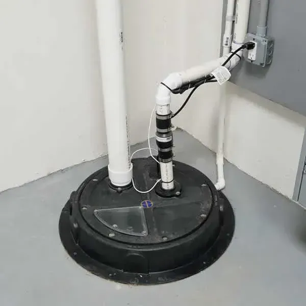 Professional plumbers from Beemer Plumbing are installing a comprehensive sump pump system in an unfinished residential basement in Spring Hill, KS. One technician uses a level to adjust the pump inside a large grey pit liner, while another crouches to connect a detailed bundle of PEX pipes. The scene features necessary installation tools, including a wet-dry vac, laser level, conduit coils, and work lights, all within a space of exposed drywall with a finished window and a sealed floor patch, capturing the professional installation process in a local home.